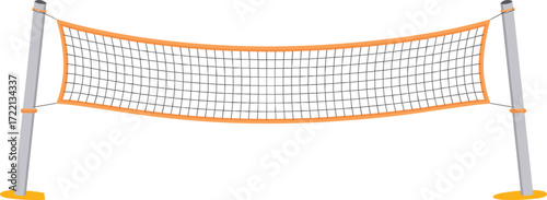 Cartoon volleyball net, sports equipment, orange mesh, anchored poles, flat surface setup, recreational gear, vector illustration, outdoor activity, training scene