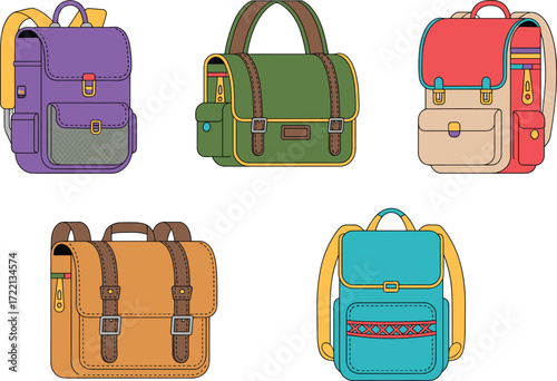 Cartoon backpack set, colorful satchel styles, flap covers, buckle straps, mesh pockets, kids accessories, vector illustration, travel gear, fashion design, school bags