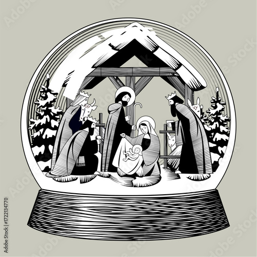 Glass snow globe with a scene of the Nativity of Christ and the adoration of the Magi in vintage engraving and linear style in black and white colors. Vector illustration
