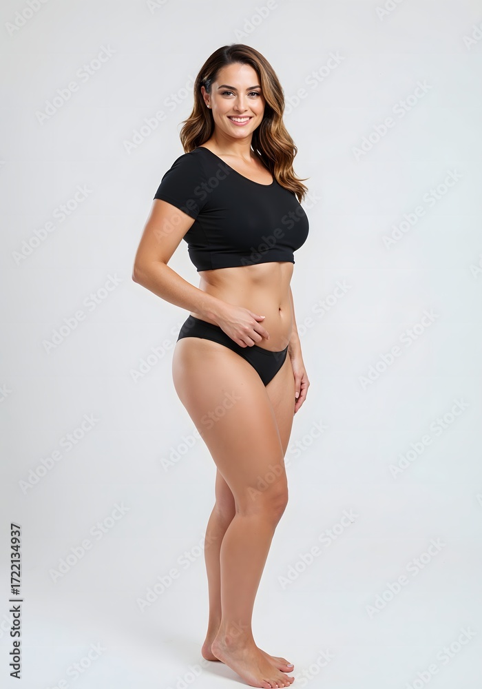 Obraz premium Full-body photorealistic image of a confident British woman after tummy tuck and VASER liposuction, wearing black t-shirt and shorts in a clean white studio setting