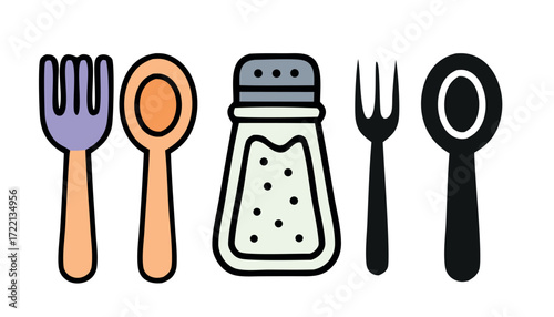 Colorful and black utensils and salt shaker icons