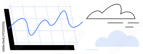 Line chart with fluctuating graph on grid next to cloud design elements. Ideal for analytics, forecast, trends, technology, cloud computing, business growth, digital economy. A simple flat metaphor