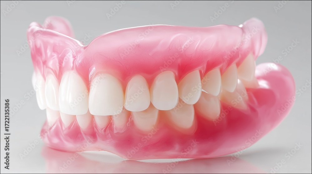 Obraz premium Artificial dentures with white teeth and pink gums isolated on clean background symbolizing dentistry oral care prosthetics hygiene and dental health, Generative AI