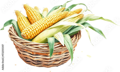 Basket with corn cobs watercolour vector illustration.
