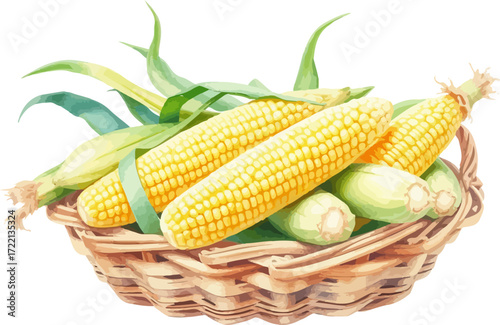 Basket with corn cobs watercolour vector illustration.
