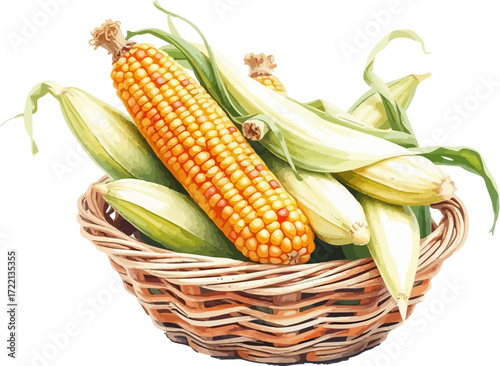Basket with corn cobs watercolour vector illustration.