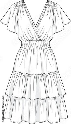 Tiered dress vector illustration, deep V-neckline, flutter sleeves, elastic waistband, flowing silhouette, fashion sketch, garment design, black and white style
