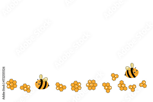 Cartoon bee mascot. Little bee flying. Wasp collection. Vector bumblebee characters. Insect icon. Design template for invitation, card. Doodle style. Background with copy space.