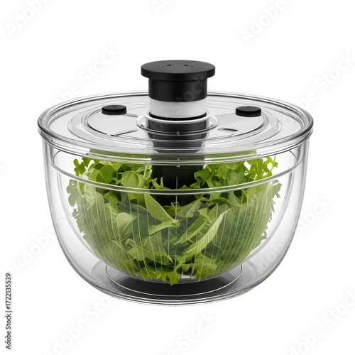 Salad spinner drying lettuce in kitchen, close-up