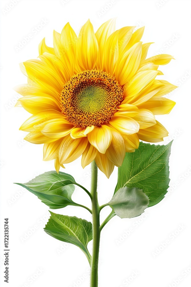 Naklejka premium Bright yellow sunflower with green leaves isolated on white background symbolizing summer beauty botany agriculture organic growth and natural sunshine, Generative AI
