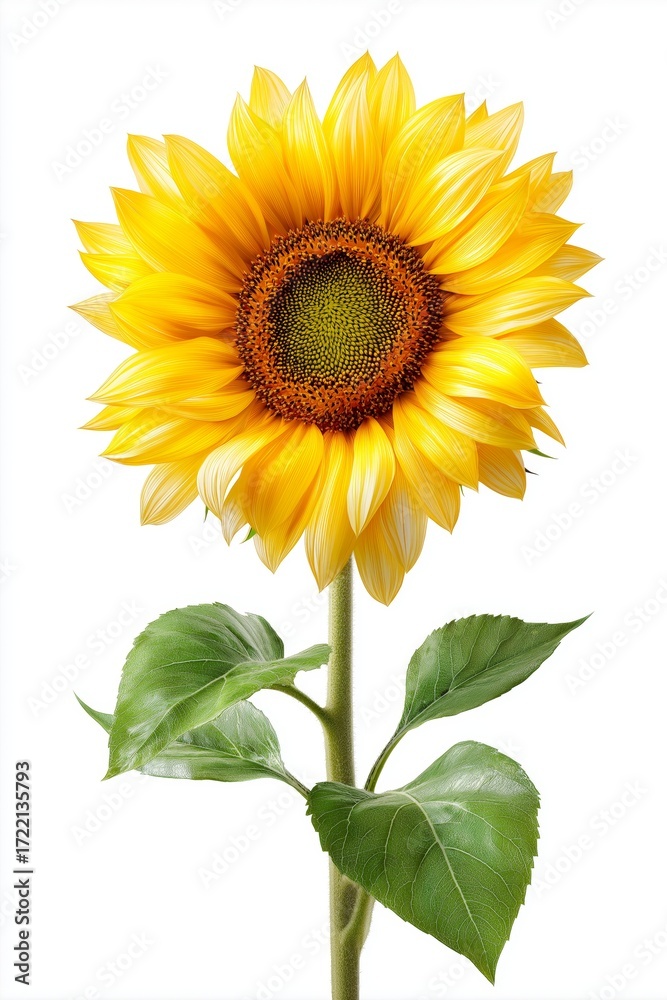 Fototapeta premium Bright yellow sunflower with green leaves isolated on white background symbolizing summer beauty botany agriculture organic growth and natural sunshine, Generative AI