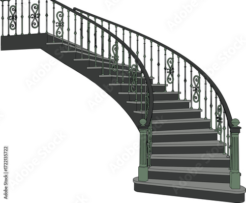 Curved staircase vector illustration, ornate railing, green balusters, dark steps, decorative newel posts, 3D architectural design, interior structure, elegant style