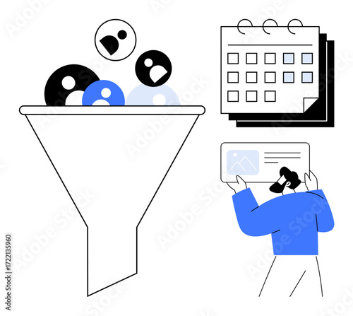 Funnel filtering users, calendar for schedules, person viewing and managing content. Ideal for marketing, planning, productivity, user management, scheduling, content organization simple flat
