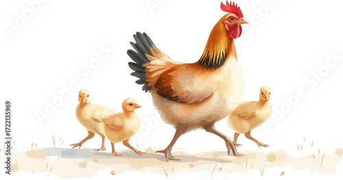 Watercolor vector illustration a hen with chickens.