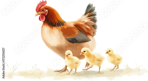 Watercolor vector illustration a hen with chickens.