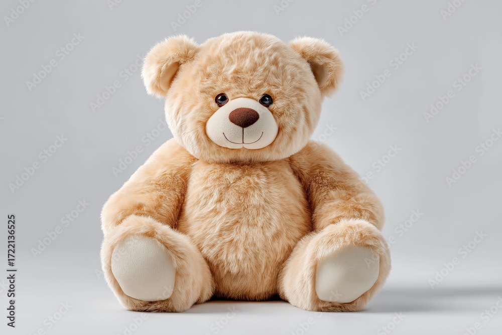Obraz premium Cute fluffy teddy bear plush toy isolated on white background symbolizing childhood innocence comfort happiness softness friendship and adorable design, Generative AI