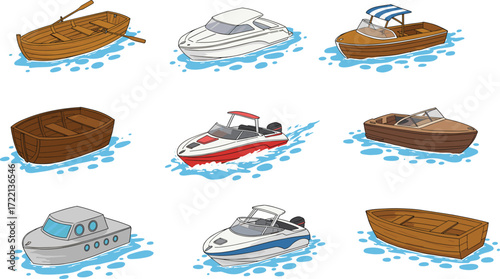 Boat vector set, 3x3 grid illustration, colorful watercraft collection, rowboats, speedboats, cabin cruisers, maritime design, stylized water, nautical theme