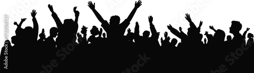 Silhouette crowd illustration, raised arms vector, cheering people, celebration and unity, concert or rally scene, black and white art, event energy