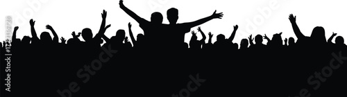 Silhouette crowd illustration, raised arms vector, cheering people, celebration and unity, concert or rally scene, black and white art, event energy