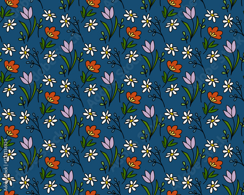 Seamless pattern featuring cute bouquets of small wildflowers in flat geometric style. Daisies, crocuses, tulips, and miniature flowers and leaves appear on dark blue background.