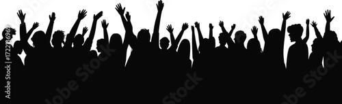 Silhouette crowd illustration, raised hands vector, diverse people cheering, celebration scene, unity and excitement, black and white art, event gathering