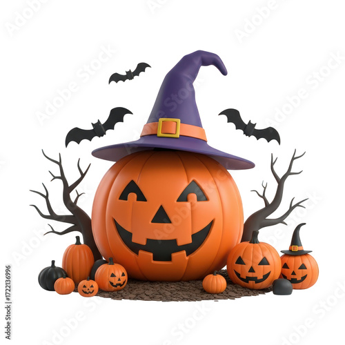 Enchanting Halloween Pumpkin Display with Witch Hat and Bats A Festive Scene of Autumnal Delight Embrace the Spirit of the Season with this Whimsical Decoration