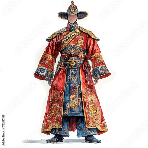 Mongolian Traditional Attire, watercolor drawing vector, isolated on a white background.