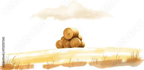 Watercolor vector illustration a haystack in a field.
