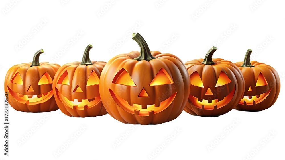 Fototapeta premium Five jackolanterns isolated on white background, glowing with spooky smiles