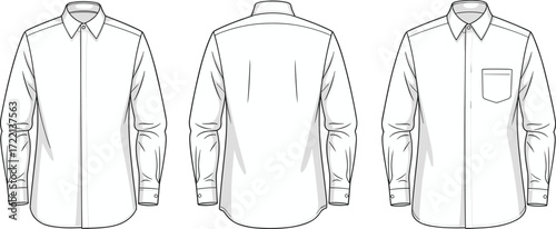 Men’s long sleeve shirt template front, back, side view, vector fashion flat sketch, dress shirt design illustration, clothing mockup drawing