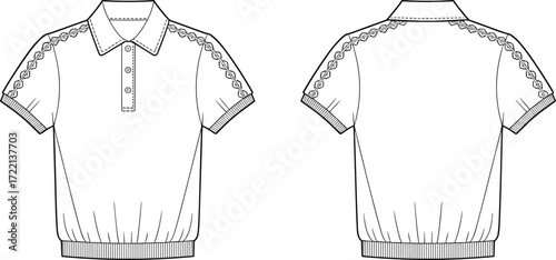 Short sleeve polo shirt flat sketch with lace trim on shoulder and sleeve, rib hem, vector fashion apparel design illustration