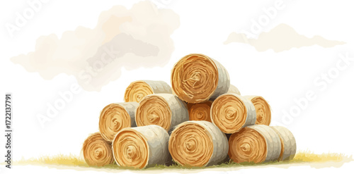 Watercolor vector illustration a haystack in a field.