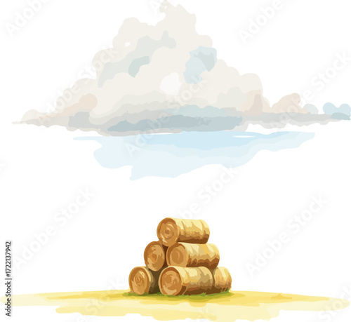 Watercolor vector illustration a haystack in a field.