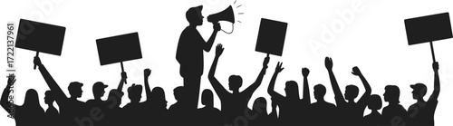 Protesters raising signs with a megaphone leader, crowd of people protesting, activism, social justice, rally illustration for advocacy, unity, activism events