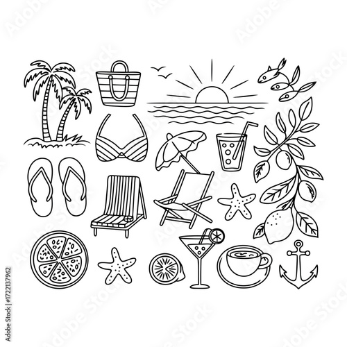 Hand drawn summer beach vacation elements collection