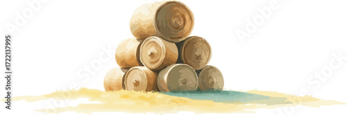 Watercolor vector illustration a haystack in a field.