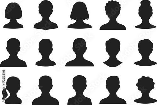 Collection of diverse human head silhouettes, male and female avatar profiles, black vector icons, blank faceless portraits for social media, website, design, branding illustrations