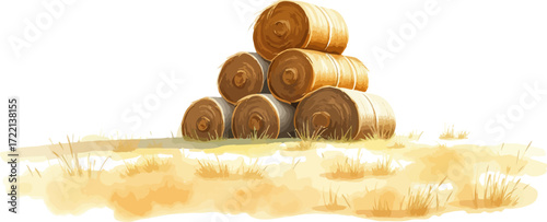 Watercolor vector illustration a haystack in a field.