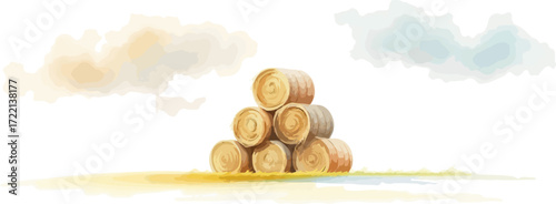 Watercolor vector illustration a haystack in a field.