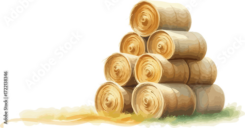 Watercolor vector illustration a haystack in a field.