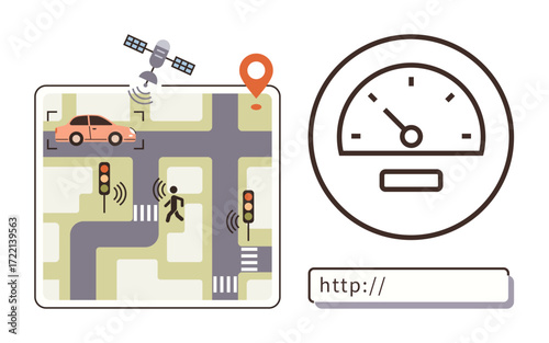 Road map with car and pedestrian, GPS satellite, traffic lights, speedometer, and browser URL link. Ideal for navigation, technology, transportation, safety connectivity automation simple flat