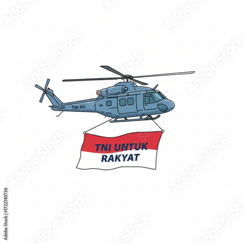 A military helicopter is carrying a banner that says "TNI UNTUK RAKYAT" in red and white colors.