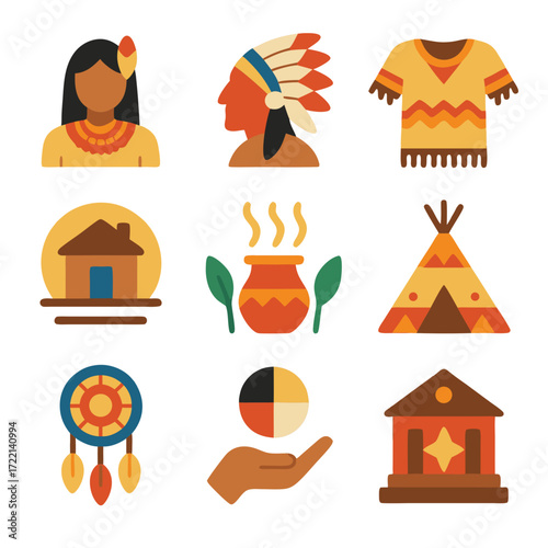American indian heritage flat icons showcasing diverse native american culture items celebrate rich traditions.