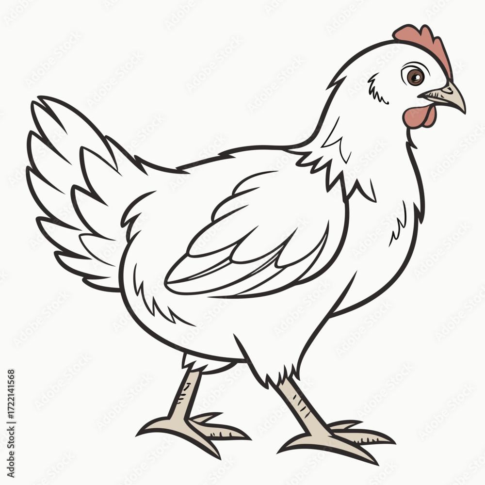 Fototapeta premium Cartoon Chicken Walking Confidently Forward, Farm Animal in Motion, Poultry Illustration for Children's Books, Cute Farmyard Character, White Hen Strolling Calmly, Animal Icon