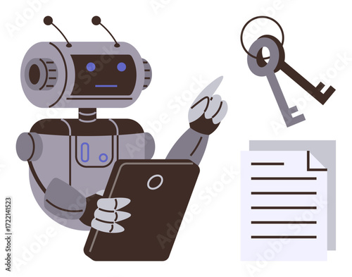 Robot holding a tablet analyzing keys and documents, representing AI, automation, cybersecurity, data management. Ideal for technology, innovation, security, AI ethics machine learning access