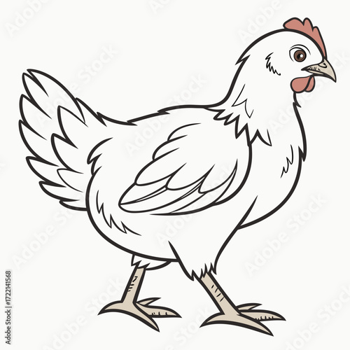 Cartoon Chicken Walking Confidently Forward, Farm Animal in Motion, Poultry Illustration for Children's Books, Cute Farmyard Character, White Hen Strolling Calmly, Animal Icon