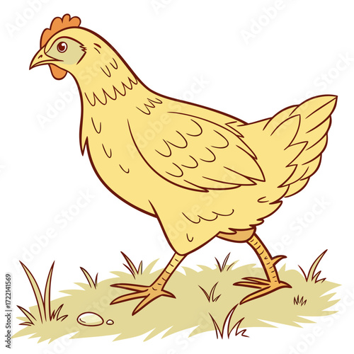 Adorable cartoon chicken walking in the grass, a charming animal illustration perfect for children's books, farm themes, and lighthearted designs, originally a scalable graphic