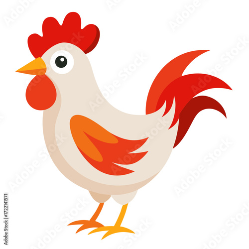 Delightful cartoon rooster with bright red comb, perfect for children's books, farm-themed designs, and fun educational resources, radiating charm and playful energy