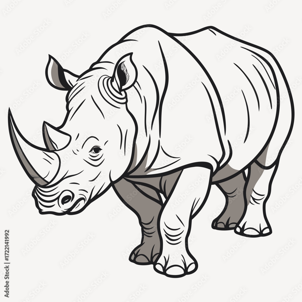 Fototapeta premium Majestic rhino outline illustration, perfect for conservation campaigns, wildlife projects, educational resources, or a bold statement piece, highlighting the beauty and strength of this iconic animal
