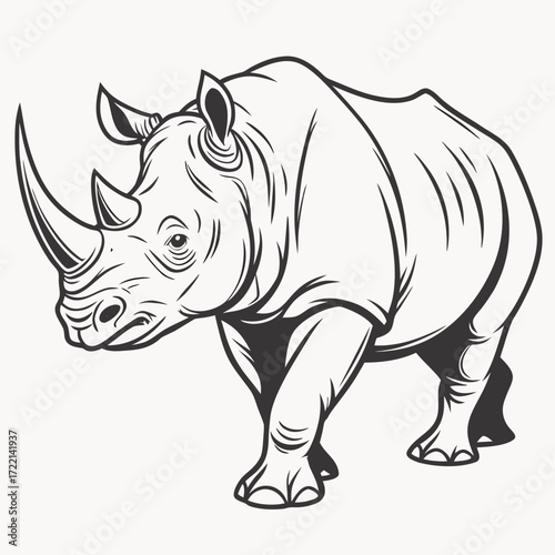 Powerful rhinoceros illustration, ready for action, a symbol of strength and resilience, perfect for conservation campaigns and wildlife projects, bold design with strong outlines